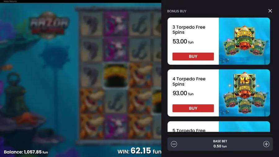 Bonus Buy Menü von Razor Returns mit 5 Kaufoptionen, Preisen und RTP