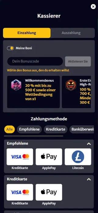 Einzahlung in Euro mit Sofort, Klarna, Paysafecard oder Girocard