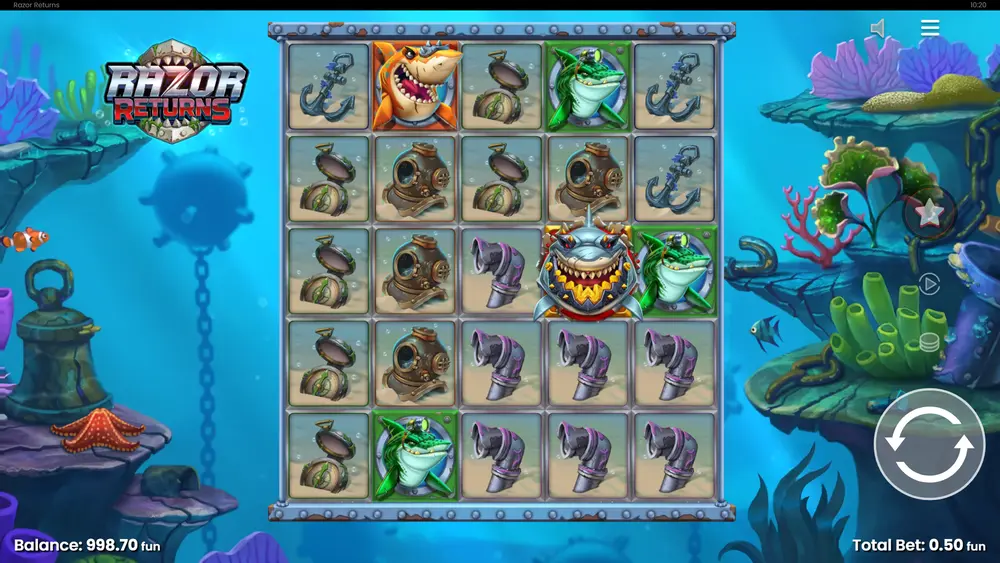 Razor Shark 2 Basisspiel – 5×5-Raster mit Hai-Symbolen und Unterwasser-Kulisse